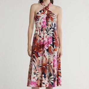 Maggy London Floral Halter Ring Dress Linen Size 2 Multicolor Print NWT
